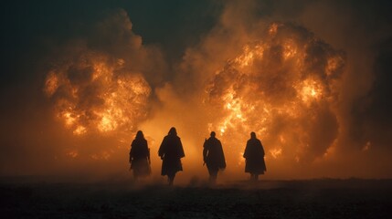 Four explorers walking towards massive fiery explosions in a dark desolate landscape at sunset.
