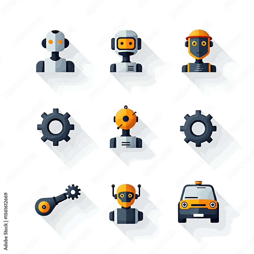 Poster collection of nine flat design robot icons featuring various robot types, gears, and a vehicle, perf