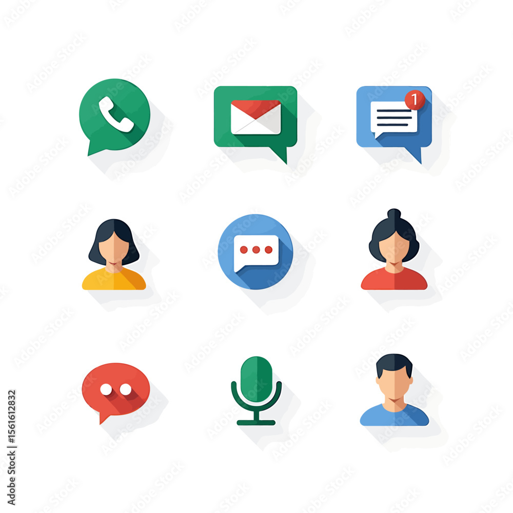 Poster collection of nine colorful flat design icons representing communication methods such as phone call,