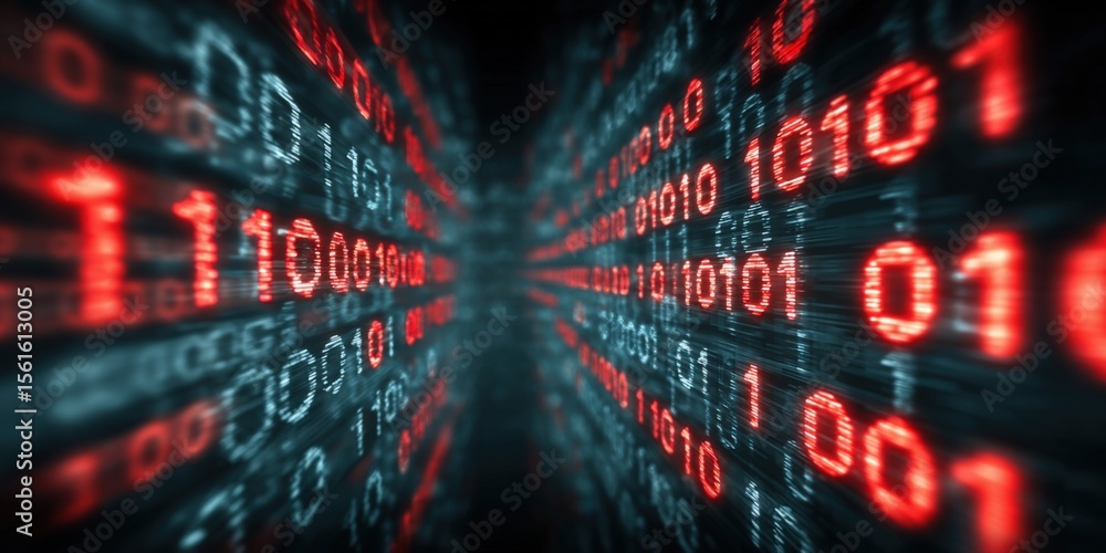 Poster Long digital data stream with binary code in red glowing numbers and abstract background.