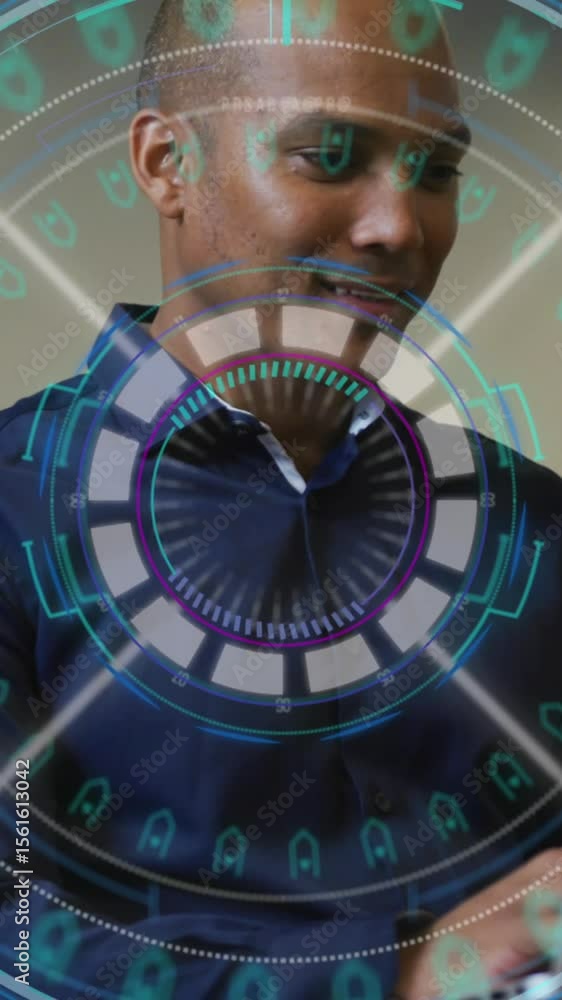 Poster animation of data processing over businessman working in office