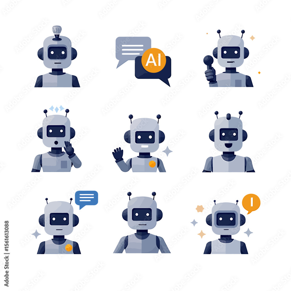 Poster collection of nine diverse robot avatars expressing various emotions and actions, ideal for ai, chat