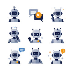 Collection of nine diverse robot avatars expressing various emotions and actions, ideal for AI, chatbot, or technological projects needing friendly and expressive characters.