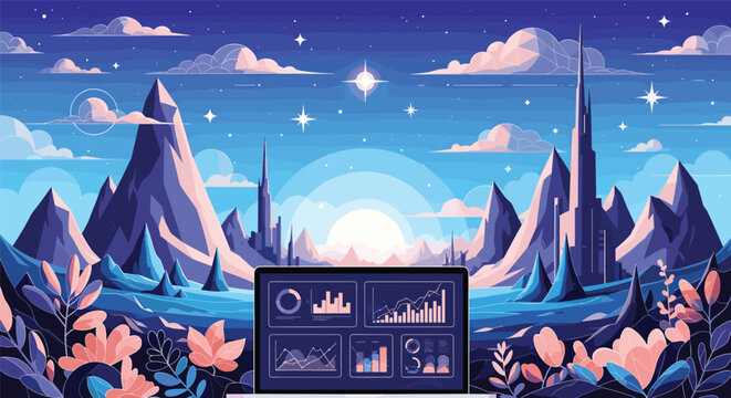 Serene Alien Landscape with Advanced Technology Interface Displaying Data Analysis and Growth Charts under a Starry Sky with Soft Clouds