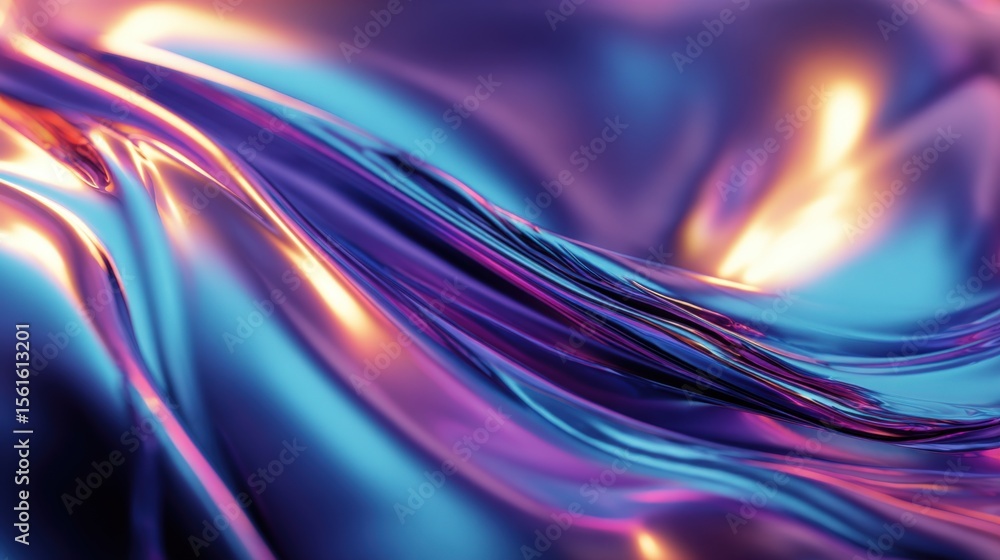 Poster Abstract flowing silky fabric with vibrant iridescent shiny surface and dynamic color reflections.