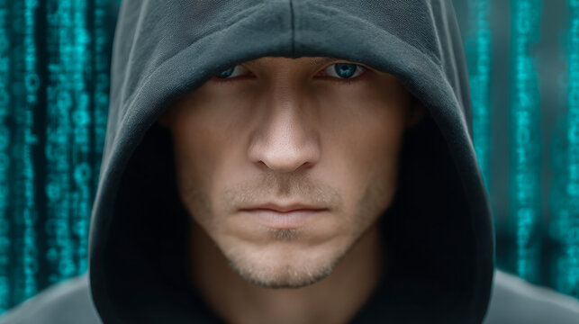 Mysterious figure in a digital landscape. A hooded figure gazes intensely at the viewer against a backdrop of green binary code, sparking intrigue.