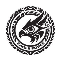 A bold, tribal-style logo centers around an abstract eagle eye, conveying power and precision.