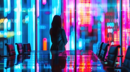 Businesswoman in office with vibrant city lights