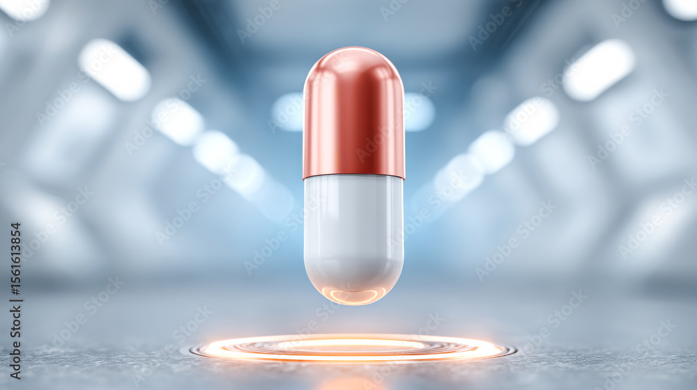 Poster floating capsule in futuristic setting. a large capsule floats above a glowing circular platform in 
