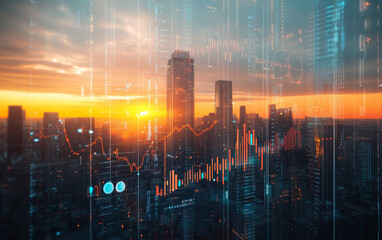 Cityscape with financial data overlay at sunset showing market analysis