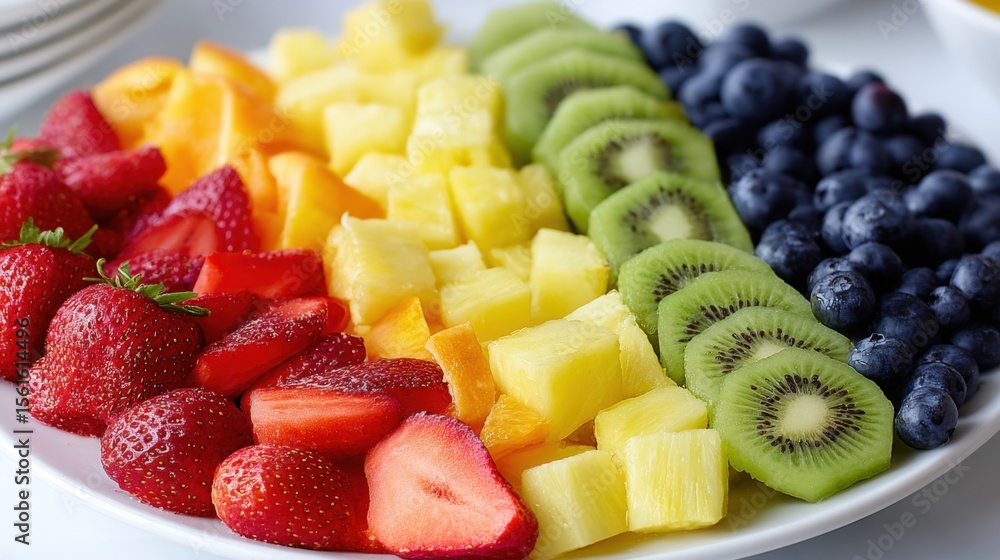 Poster assorted fresh fruit sliced and arranged on a white plate for healthy eating.