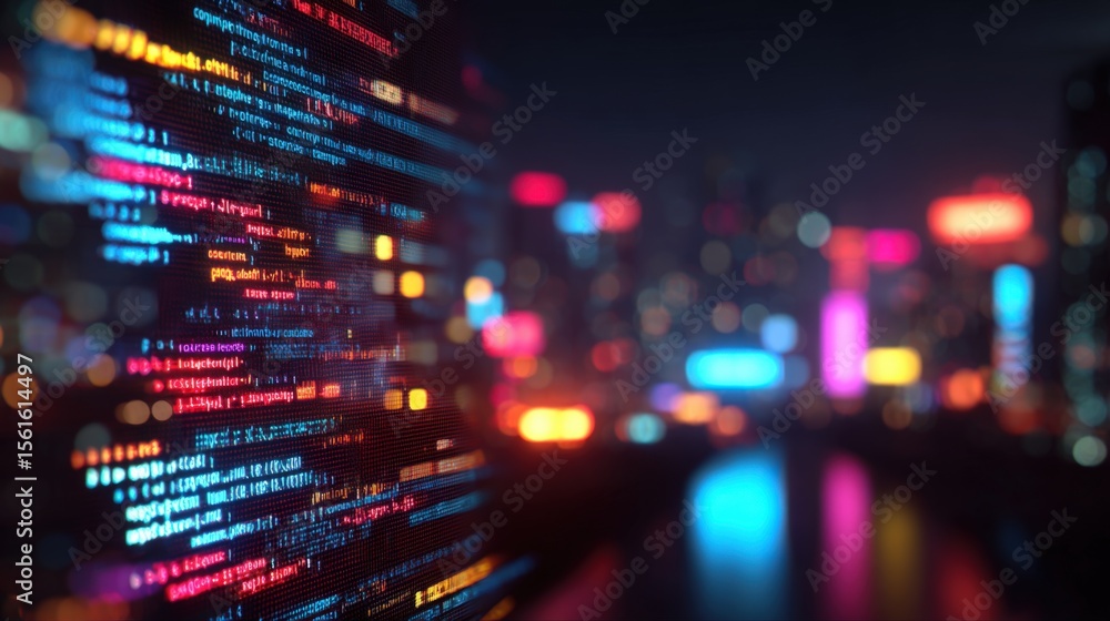 Poster vibrant blurred cityscape with colorful neon lights and digital data streams.
