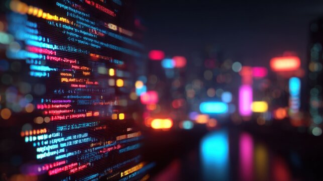 Vibrant blurred cityscape with colorful neon lights and digital data streams.