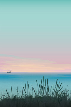 Minimalist seascape with silhouetted grass field at cliff have twilight sky vertical background graphic illustration have blank space.