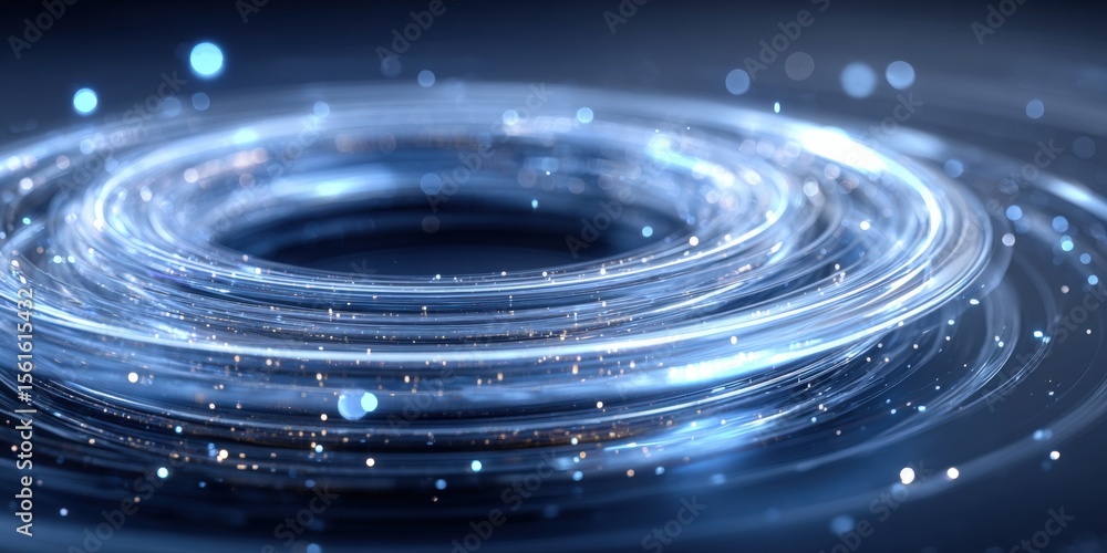 Poster abstract futuristic digital whirlpool with glowing light particles and motion effects.