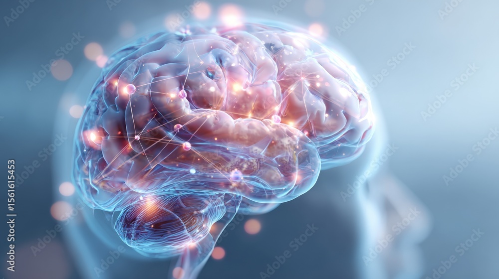 Poster highly detailed digital illustration of human brain with neural networks and synapses visualization.