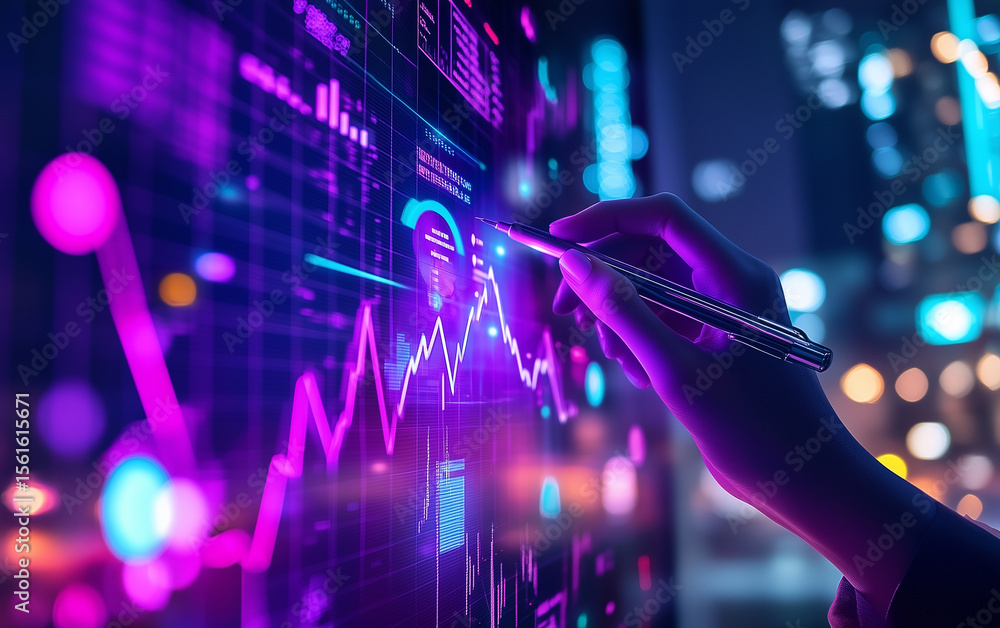 Poster hand pointing at futuristic data chart with pen in neon light environment