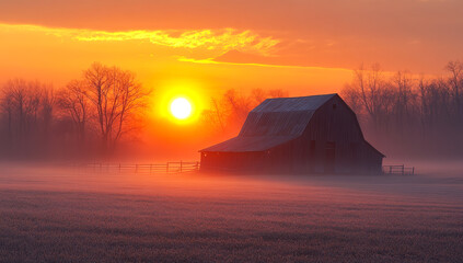 Fototapeta premium Sunrise over a tranquil barn. A tranquil barn sits peacefully as the sun rises over a misty rural field, casting warm light across the landscape.