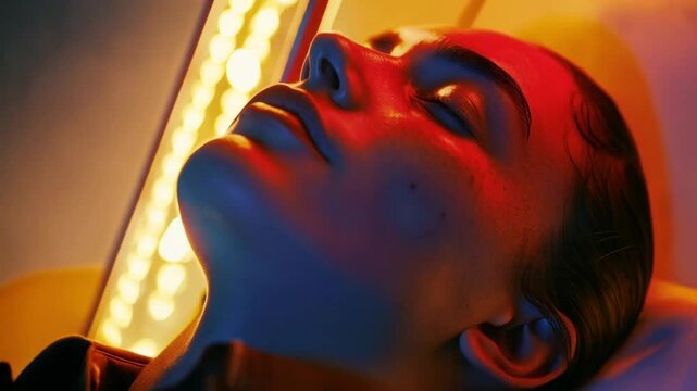 Woman's face illuminated by red light with a tanning bed in the background showing bulbs