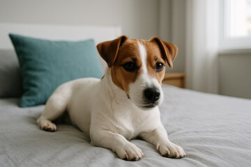 Small jack russell terrier resting on a neatly made bed in a cozy bedroom with soft natural daylight through a window
