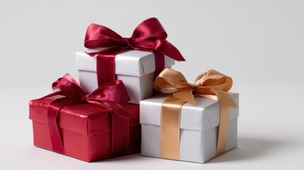 Wrapped gift boxes stacked with bows on white background