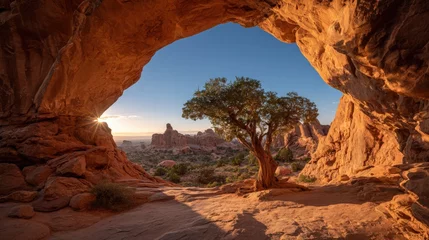 Poster Stunning view through a natural rock formation arch in a desert landscape during sunset.
