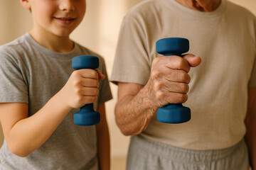 Intergenerational fitness motivation as young boy and elderly person exercise together holding blue dumbbells in bright indoor space
