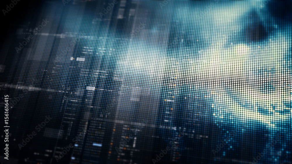 Poster Futuristic digital screen matrix with encrypted data, hi-tech telemetry, and dynamic code patterns. Ideal for desktop displays, sci-fi UI, and cyber tech backgrounds