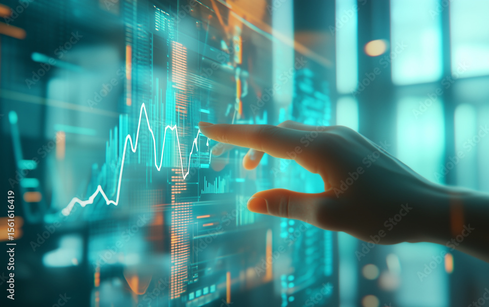 Poster hand interacting with a digital screen showing financial data analysis