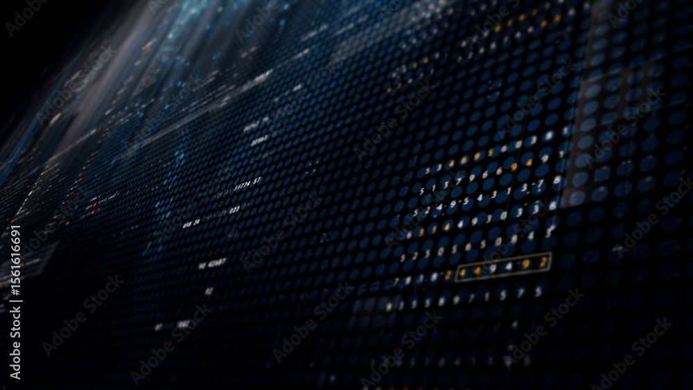 Poster Futuristic digital screen matrix with encrypted data, hi-tech telemetry, and dynamic code patterns. Ideal for desktop displays, sci-fi UI, and cyber tech backgrounds