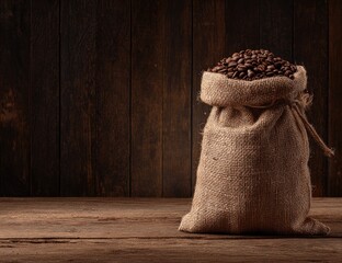 Rustic burlap sack of coffee beans on a wooden table