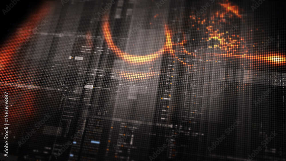 Poster Futuristic digital screen matrix with encrypted data, hi-tech telemetry, and dynamic code patterns. Ideal for desktop displays, sci-fi UI, and cyber tech backgrounds