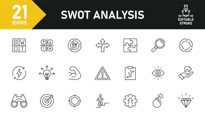 SWOT Analysis line icon set. Set of 21 outline icons related to strengths, weakness, opportunities, threat, external factor and others. Editable stroke. Vector illustration.