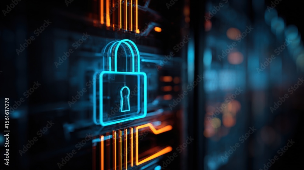 Poster modern digital security concept with neon lock symbol on futuristic technology background.