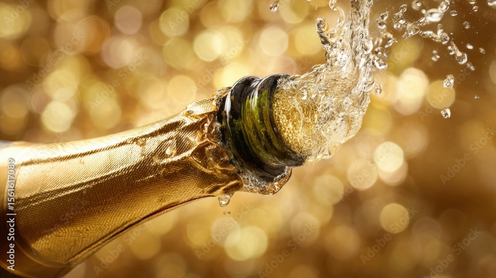 Poster close-up of champagne bottle pouring fizz with bubbles and sparkling effect.