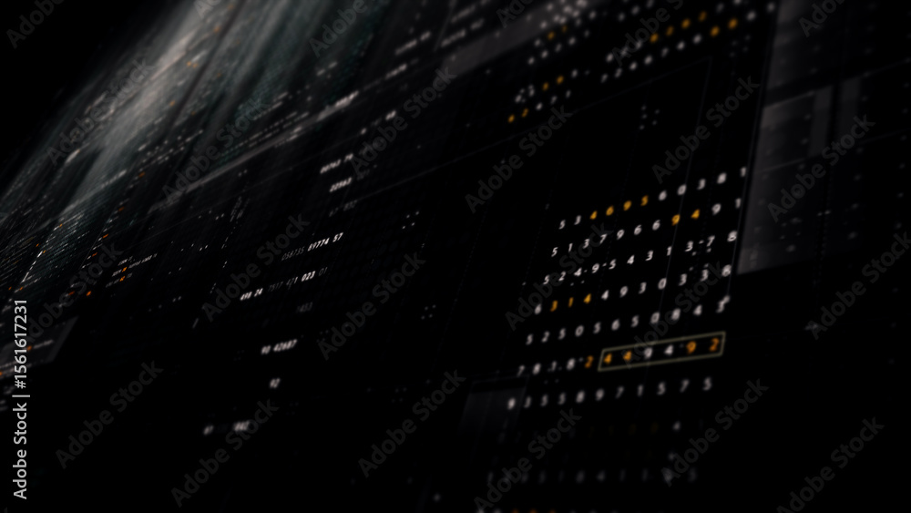 Poster Futuristic digital screen matrix with encrypted data, hi-tech telemetry, and dynamic code patterns. Ideal for desktop displays, sci-fi UI, and cyber tech backgrounds