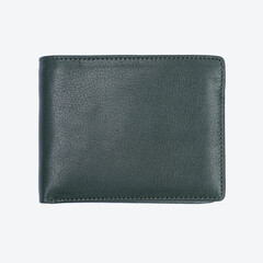 Genuine leather fashionable black wallet for men's isolated on a white background. A professional and stylish look. top view of black leather wallet. banknotes and put card inside the wallet