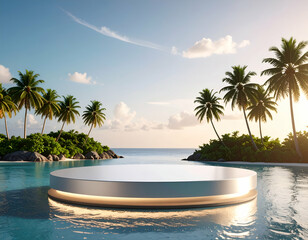 Elevated Tropical Podium Mockup of a Metallic Platform on a Serene Island