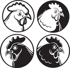 Set of four rooster head silhouettes in circular frames, perfect for diverse logo designs and branding collections.