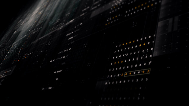 Futuristic digital screen matrix with encrypted data, hi-tech telemetry, and dynamic code patterns. Ideal for desktop displays, sci-fi UI, and cyber tech backgrounds