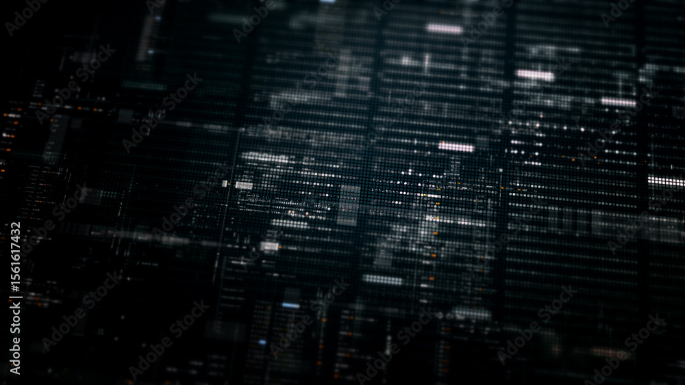 Poster Futuristic digital screen matrix with encrypted data, hi-tech telemetry, and dynamic code patterns. Ideal for desktop displays, sci-fi UI, and cyber tech backgrounds