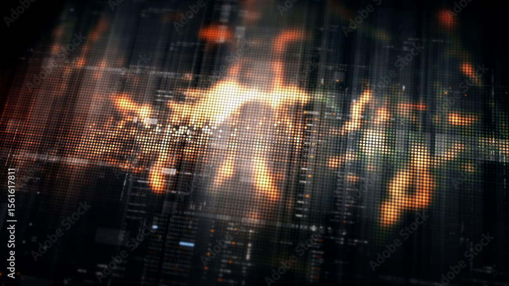 Poster Futuristic digital screen matrix with encrypted data, hi-tech telemetry, and dynamic code patterns. Ideal for desktop displays, sci-fi UI, and cyber tech backgrounds