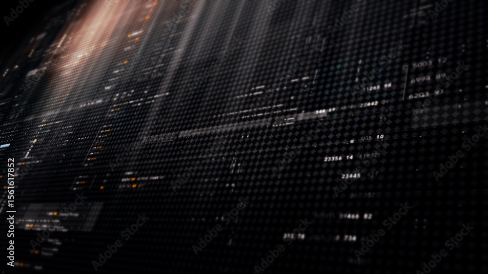 Poster Futuristic digital screen matrix with encrypted data, hi-tech telemetry, and dynamic code patterns. Ideal for desktop displays, sci-fi UI, and cyber tech backgrounds