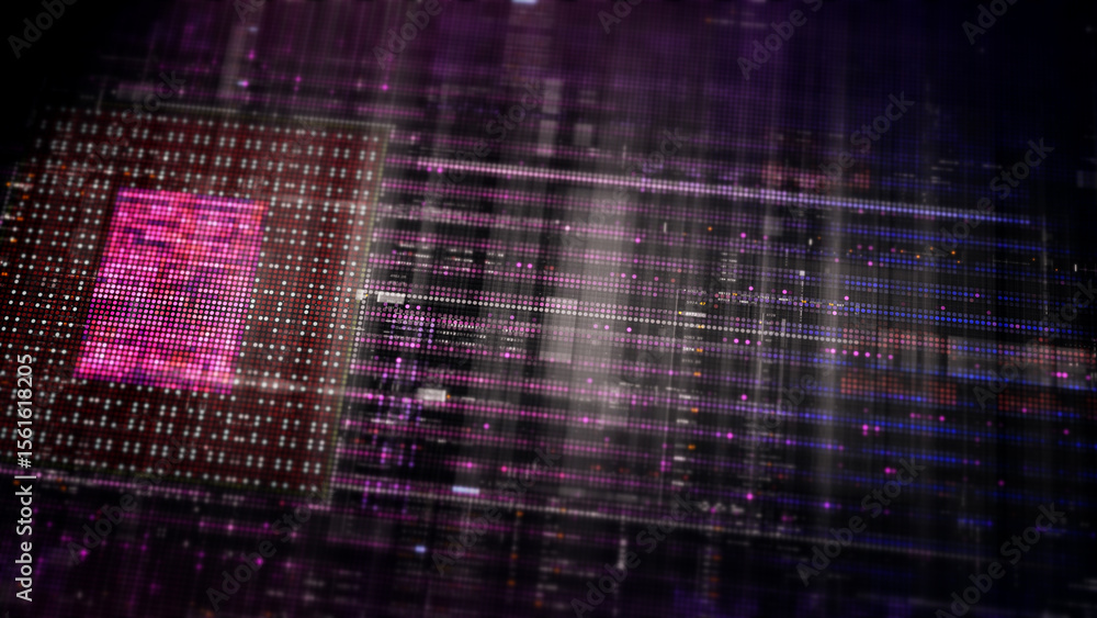 Poster Futuristic digital screen matrix with encrypted data, hi-tech telemetry, and dynamic code patterns. Ideal for desktop displays, sci-fi UI, and cyber tech backgrounds