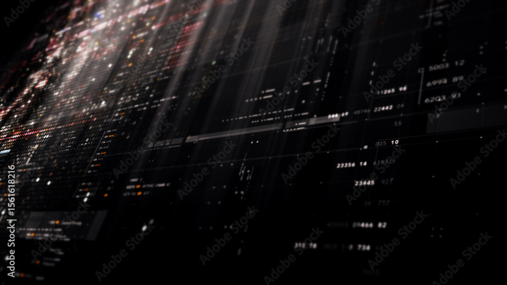 Poster Futuristic digital screen matrix with encrypted data, hi-tech telemetry, and dynamic code patterns. Ideal for desktop displays, sci-fi UI, and cyber tech backgrounds