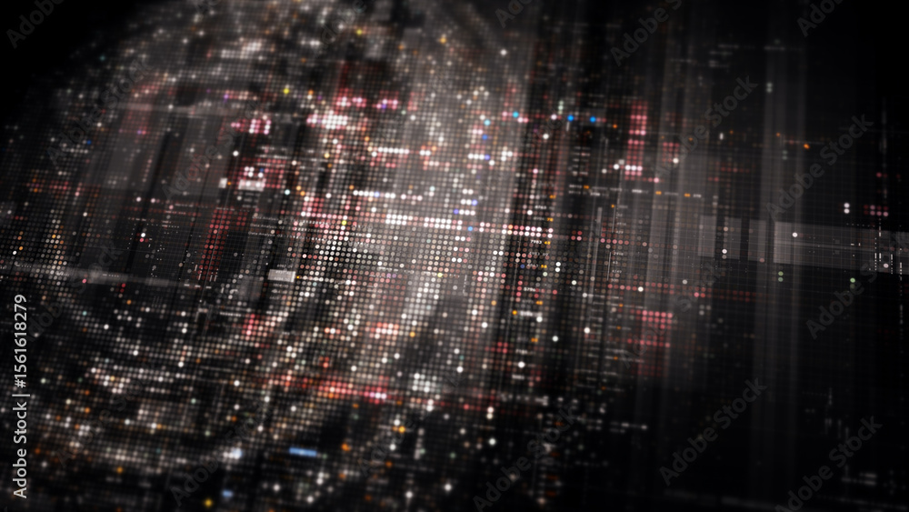 Poster Futuristic digital screen matrix with encrypted data, hi-tech telemetry, and dynamic code patterns. Ideal for desktop displays, sci-fi UI, and cyber tech backgrounds