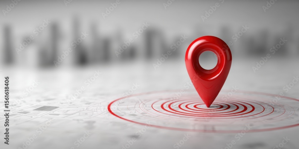 Aufkleber red map location pin marker on a blurred cityscape background representing navigation and destinatio