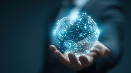 Futuristic world globe hologram with digital network interface in human hand.