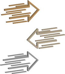 Metal arrow set. Dual tone arrows. Dynamic direction Vector. Motion speed concept.