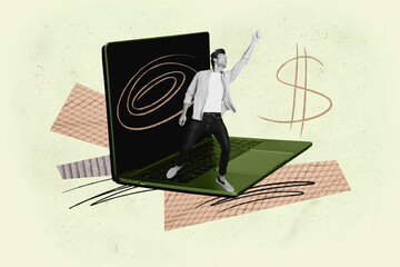 Full 3d zine pop trend collage of happy businessman businesswoman stand laptop device dollar income...